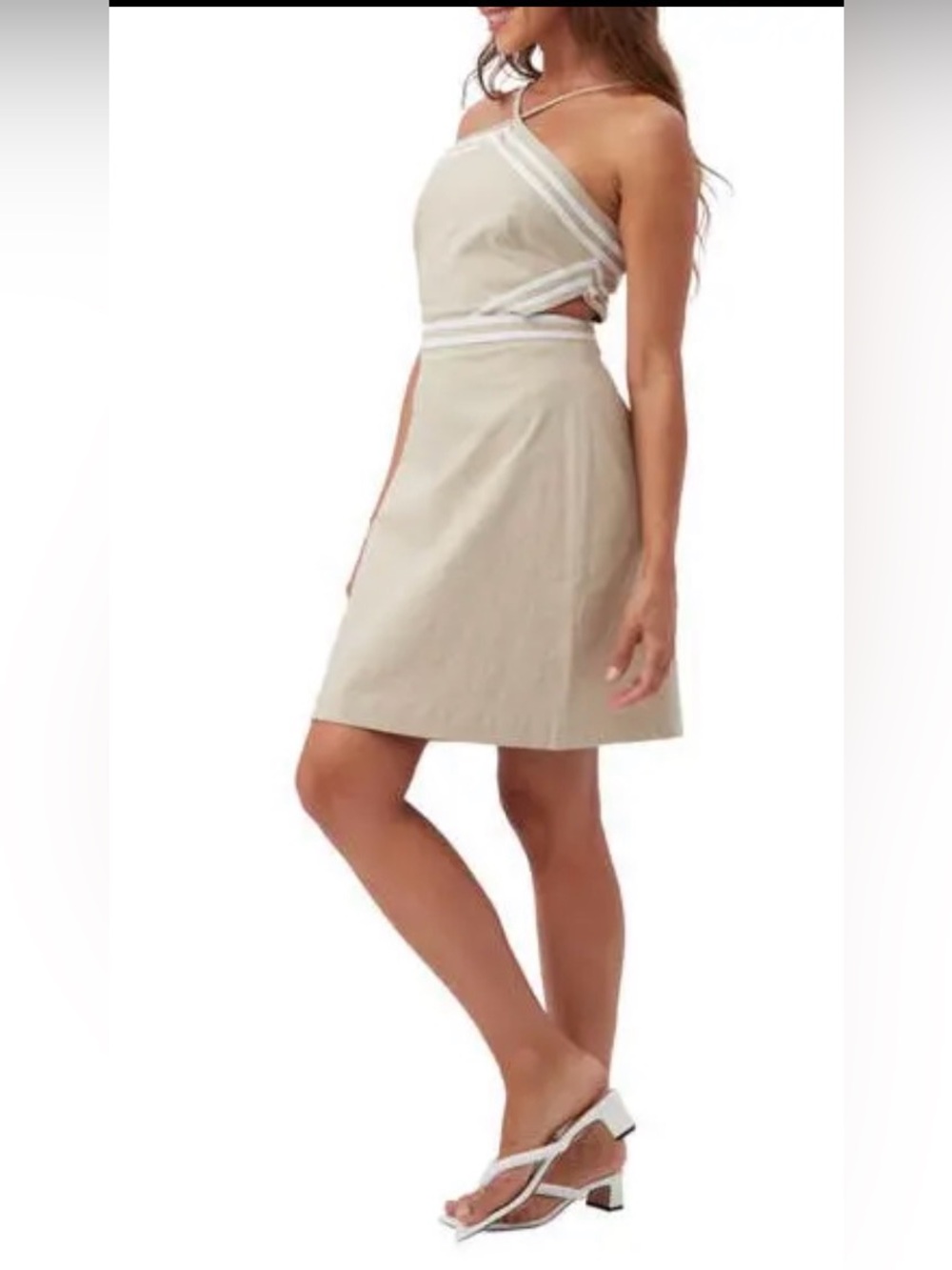 NWT TRINA TURK Grasse Linen Sleeveless Halter Mini Dress Side Cutouts Beige Sz 8